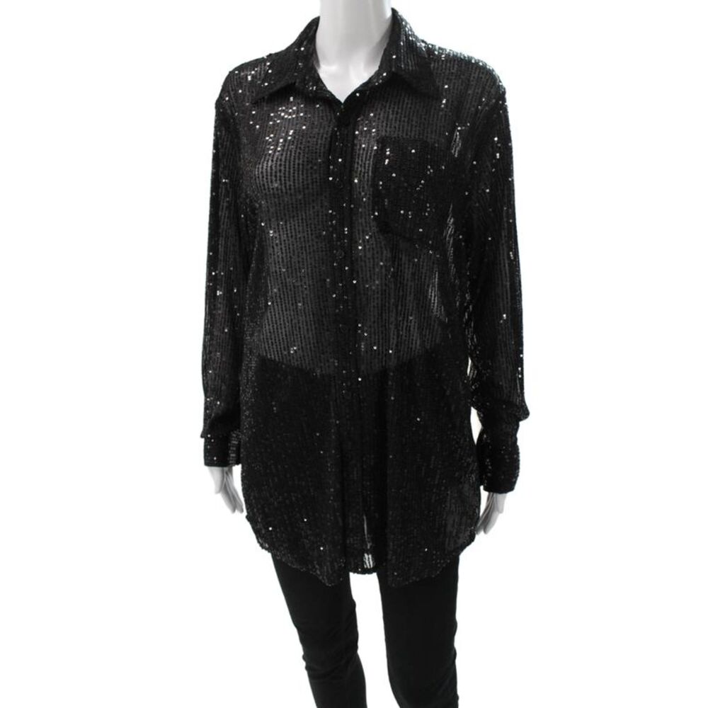 SPRWMN Women Tunic Button Up Black Collared Long Sleeve Polyester Size S